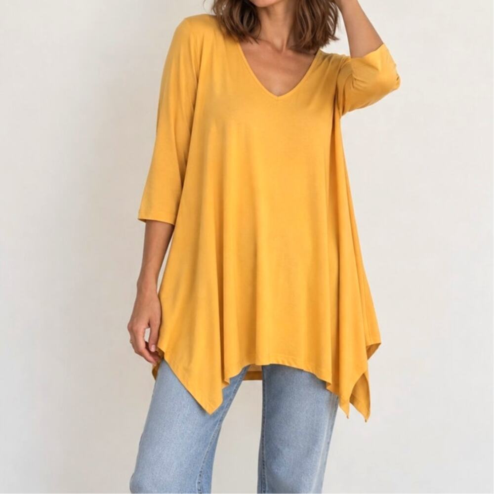 Alisha. D Travel Wear Tunic Fall Yellow Lagenlook Minimalist Top V-Neck Medium
